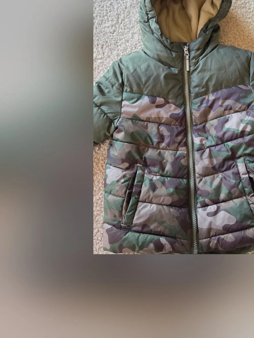 Camo Puffer Hooded Jacket in Olive & Camouflage - 3T Winter Coat
